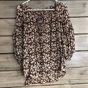 Club Monaco Silk Blouse Brown Floral 3/4 Puff Sleeve Relaxed Fit Tunic